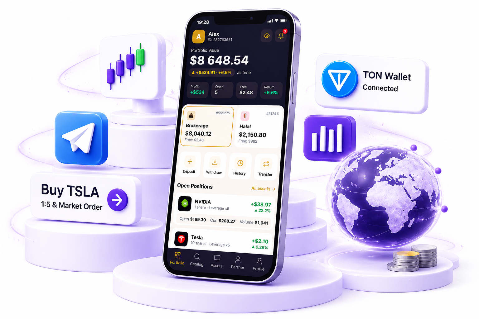 OST Broker app — Brokerage and Halal portfolios, TON Wallet connected, NVIDIA and Tesla open positions, Buy TSLA order ticket