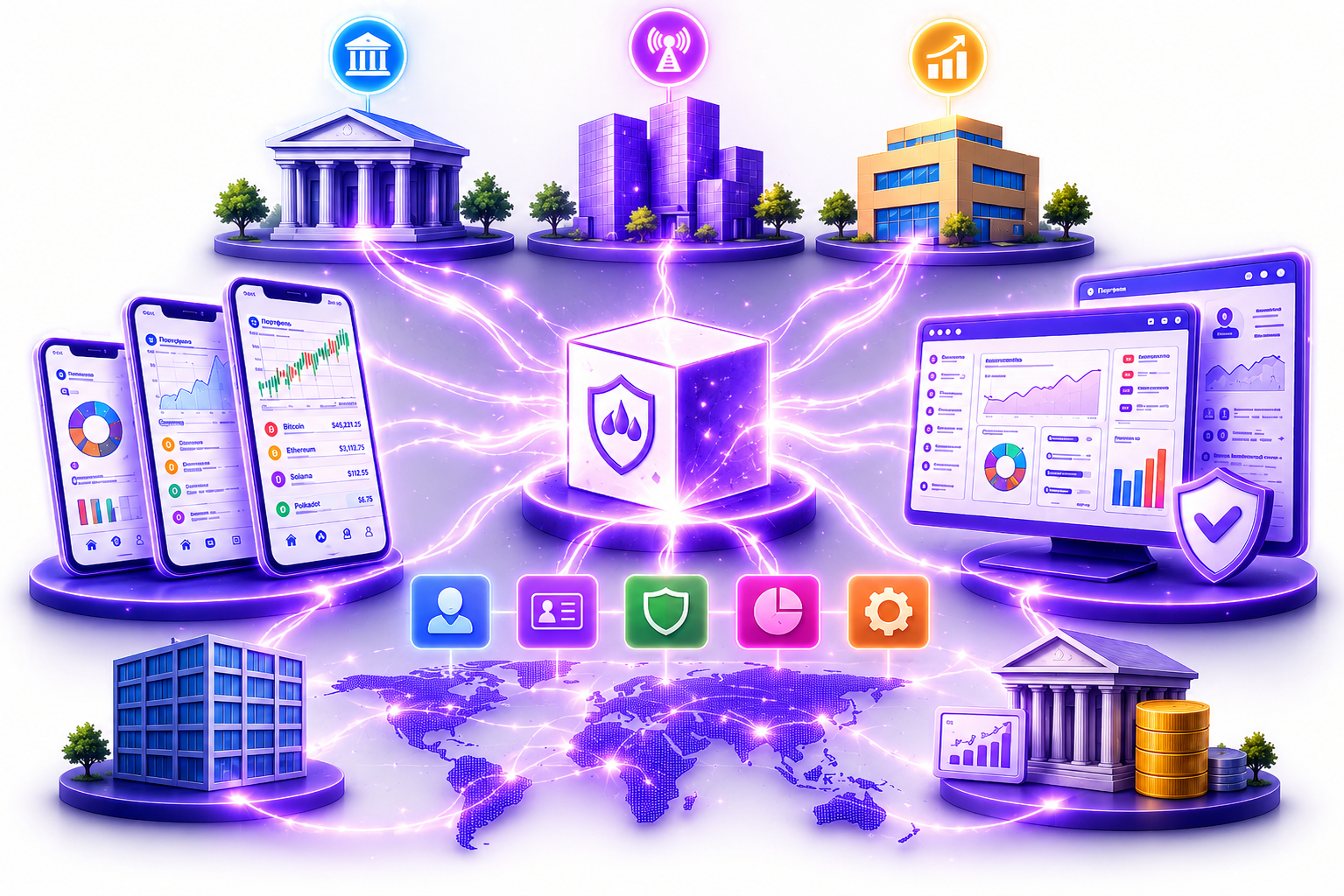 MTG Group investment infrastructure — banks, telecoms and digital platforms connected to global markets via a single regulated engine
