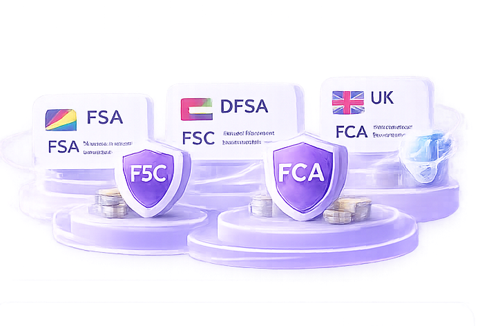 Regulator badges: FSA, DFSA, FSC, FCA